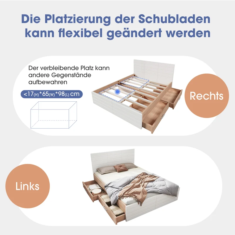 Cadre de lit queen blanc scandinave avec 2 tiroirs de rangement sous le lit 160*200cm (matelas non inclus) MRNA