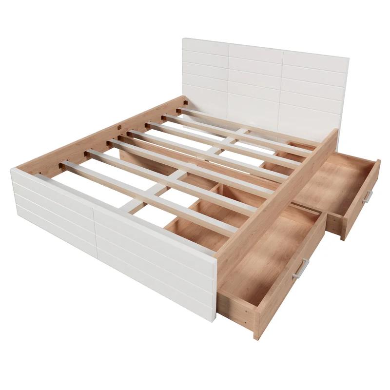 Cadre de lit queen blanc scandinave avec 2 tiroirs de rangement sous le lit 160*200cm (matelas non inclus) MRNA