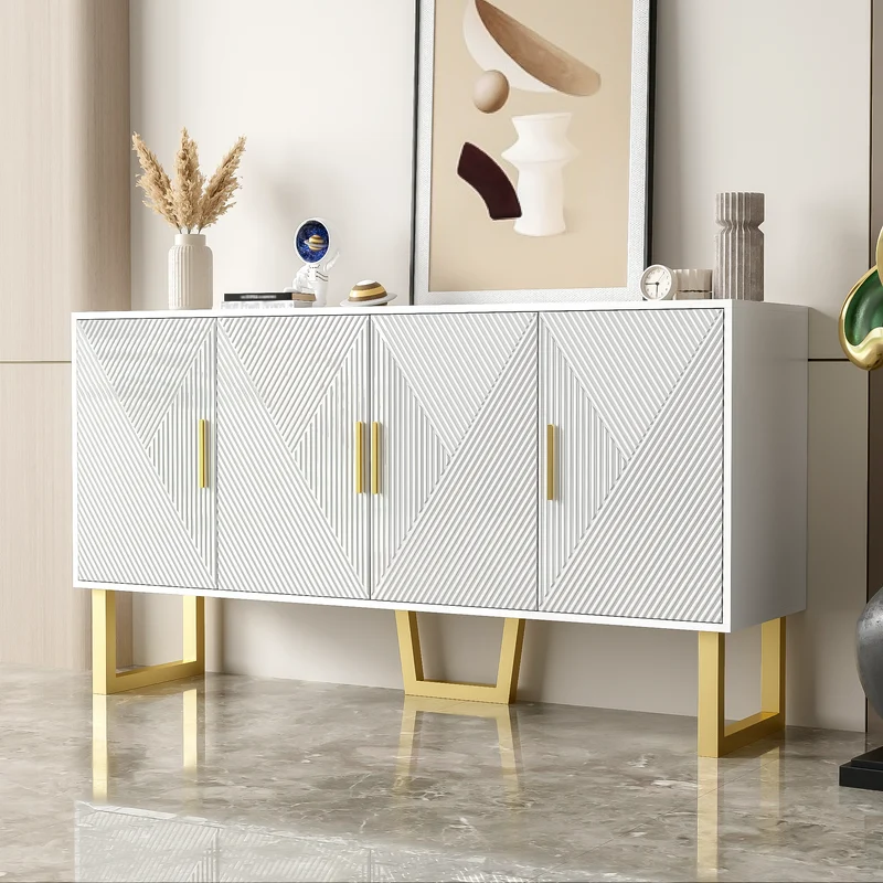 Buffet luxe blanc laqué portes texturées et accents dorées BOCAS