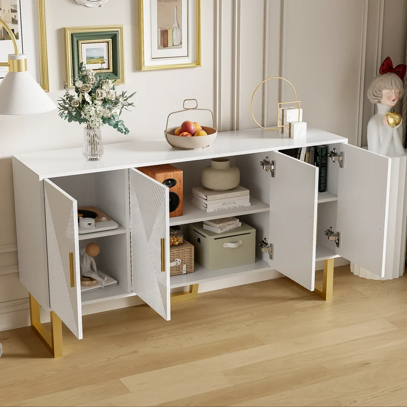 Buffet luxe blanc laqué portes texturées et accents dorées BOCAS