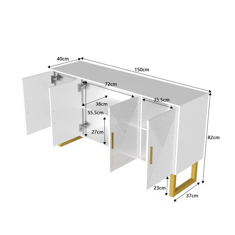 Buffet luxe blanc laqué portes texturées et accents dorées BOCAS