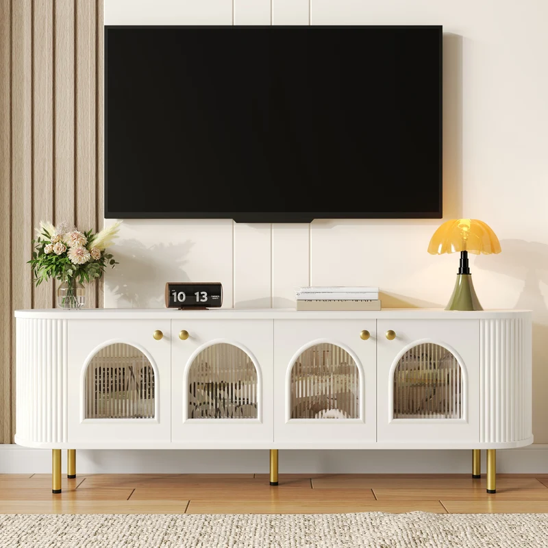 Meuble TV blanc style bohème cotés arrondis 4 portes en verre poignées et pieds dorés OMHENS WHITE