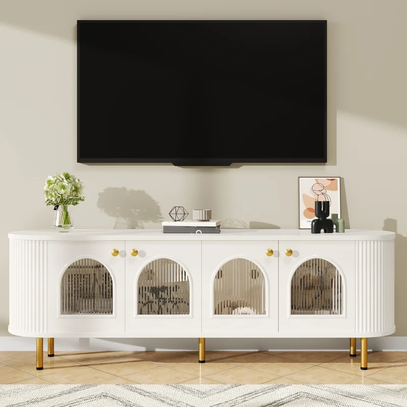 Meuble TV blanc style bohème cotés arrondis 4 portes en verre poignées et pieds dorés OMHENS WHITE