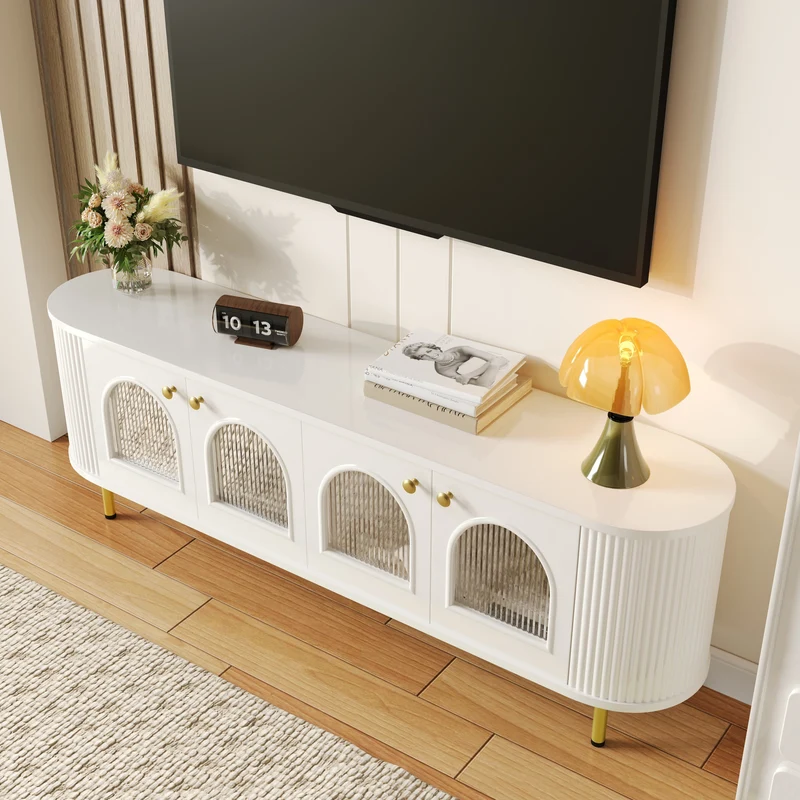 Meuble TV blanc style bohème cotés arrondis 4 portes en verre poignées et pieds dorés OMHENS WHITE