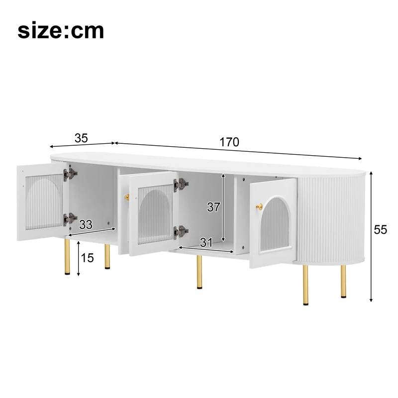 Meuble TV blanc style bohème cotés arrondis 4 portes en verre poignées et pieds dorés OMHENS WHITE