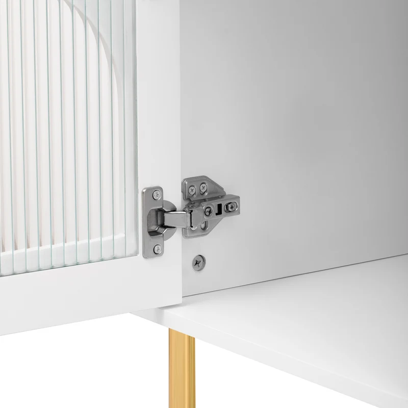 Meuble TV blanc style bohème cotés arrondis 4 portes en verre poignées et pieds dorés OMHENS WHITE