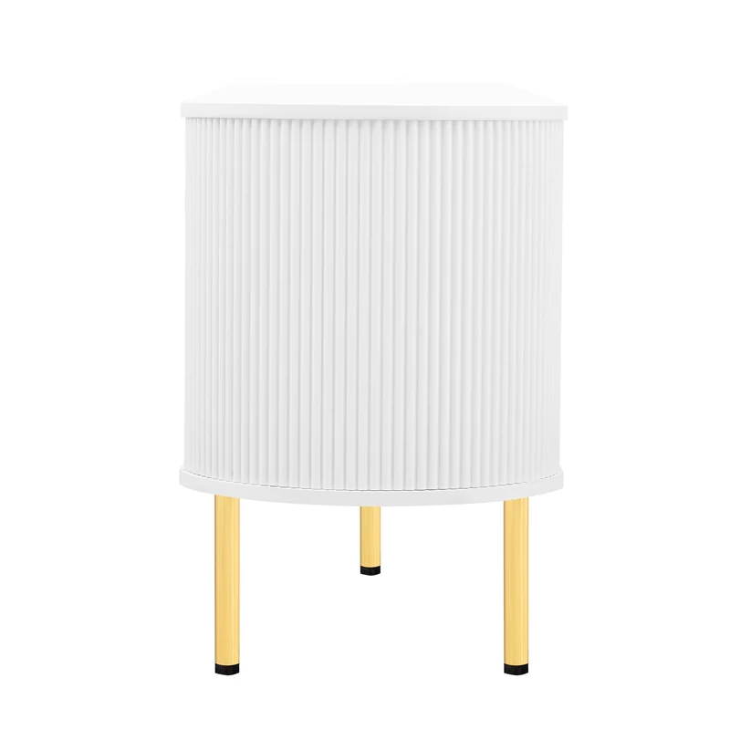 Meuble TV blanc style bohème cotés arrondis 4 portes en verre poignées et pieds dorés OMHENS WHITE