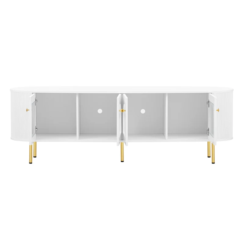 Meuble TV blanc style bohème cotés arrondis 4 portes en verre poignées et pieds dorés OMHENS WHITE