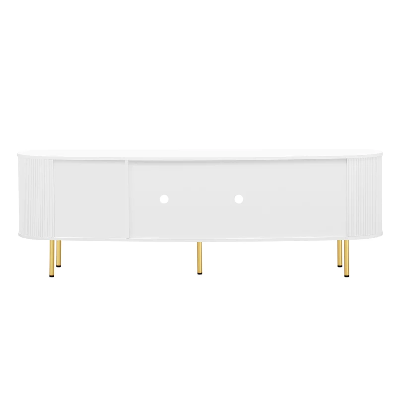 Meuble TV blanc style bohème cotés arrondis 4 portes en verre poignées et pieds dorés OMHENS WHITE
