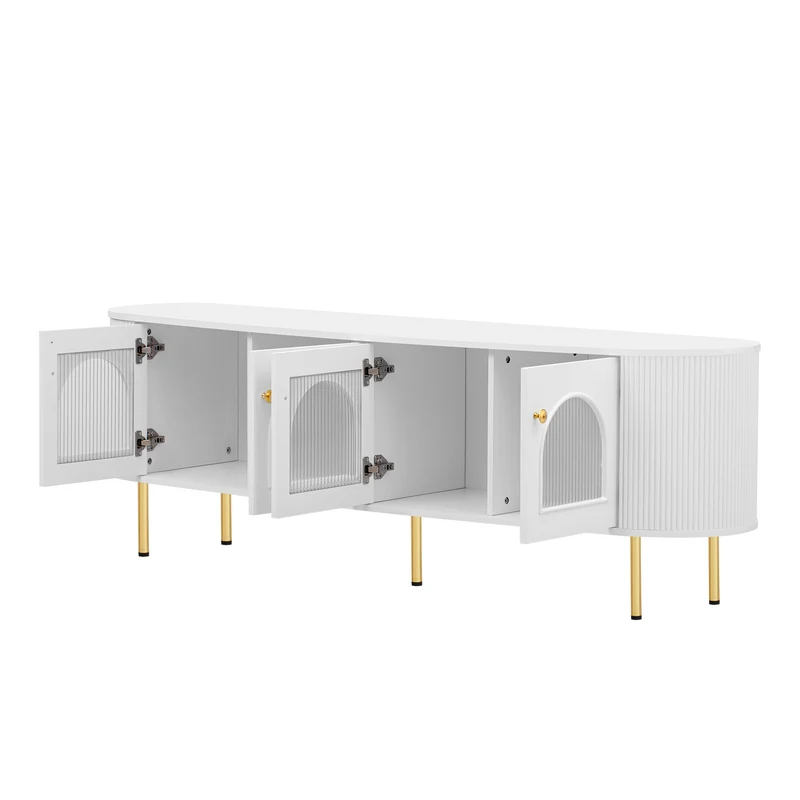 Meuble TV blanc style bohème cotés arrondis 4 portes en verre poignées et pieds dorés OMHENS WHITE