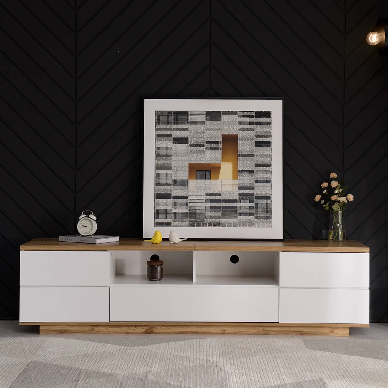 Meuble TV moderne bicolore effet bois et blanche avec 5 portes DIKE