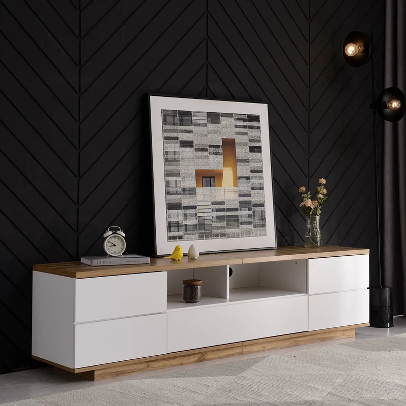 Meuble TV moderne bicolore effet bois et blanche avec 5 portes DIKE