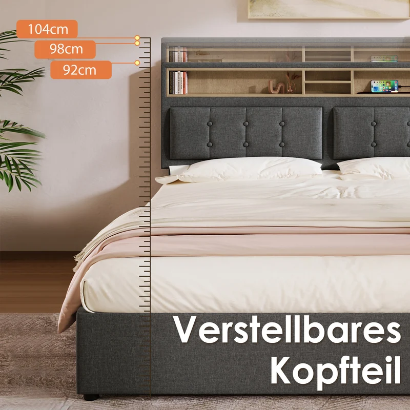 Lit coffre queen tissu gris avec port USB C et rangement 160*200cm (matelas non inclus) FAT