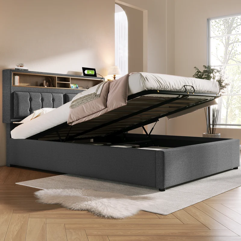 Lit coffre queen tissu gris avec port USB C et rangement 160*200cm (matelas non inclus) FAT