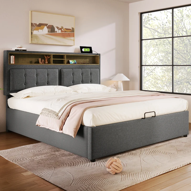 Lit coffre queen tissu gris avec port USB C et rangement 160*200cm (matelas non inclus) FAT