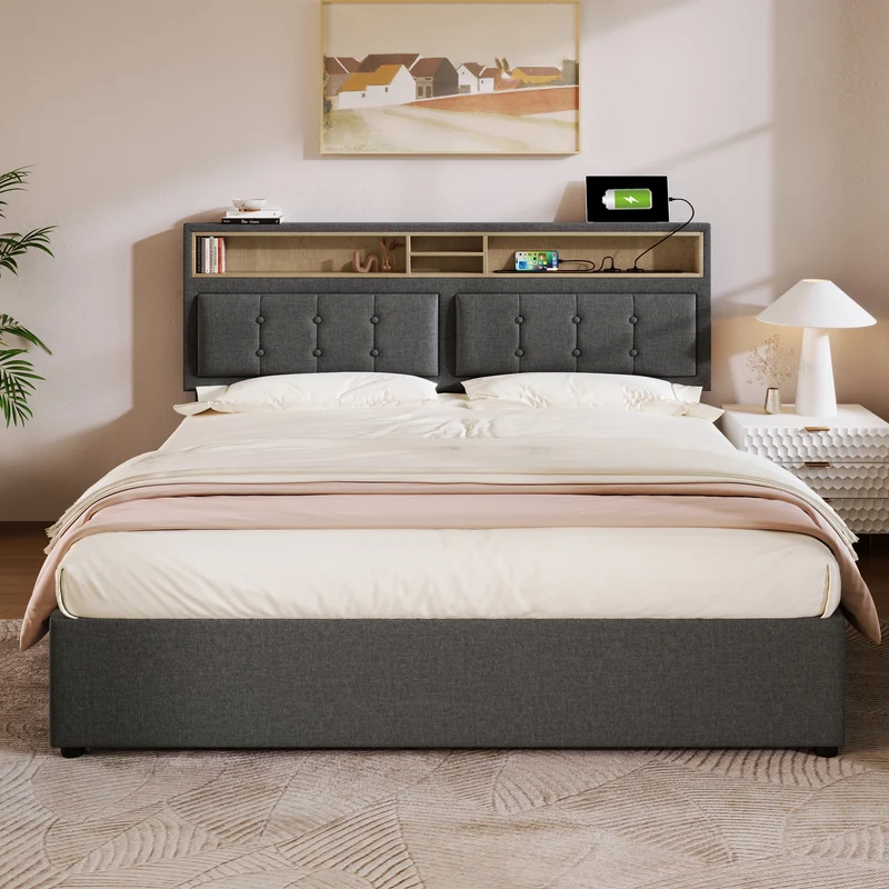 Lit coffre queen tissu gris avec port USB C et rangement 160*200cm (matelas non inclus) FAT