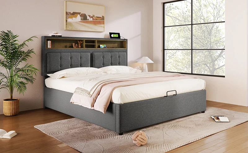 Lit coffre queen tissu gris avec port USB C et rangement 160*200cm (matelas non inclus) FAT