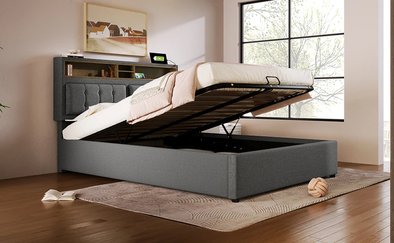 Lit coffre queen tissu gris avec port USB C et rangement 160*200cm (matelas non inclus) FAT