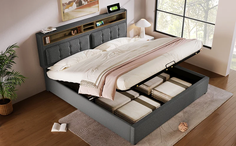 Lit coffre queen tissu gris avec port USB C et rangement 160*200cm (matelas non inclus) FAT