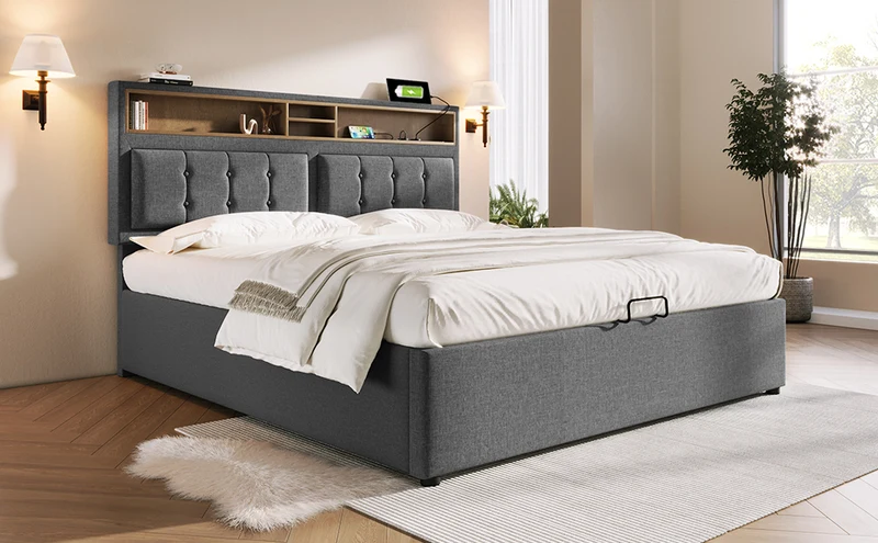 Lit coffre queen tissu gris avec port USB C et rangement 160*200cm (matelas non inclus) FAT