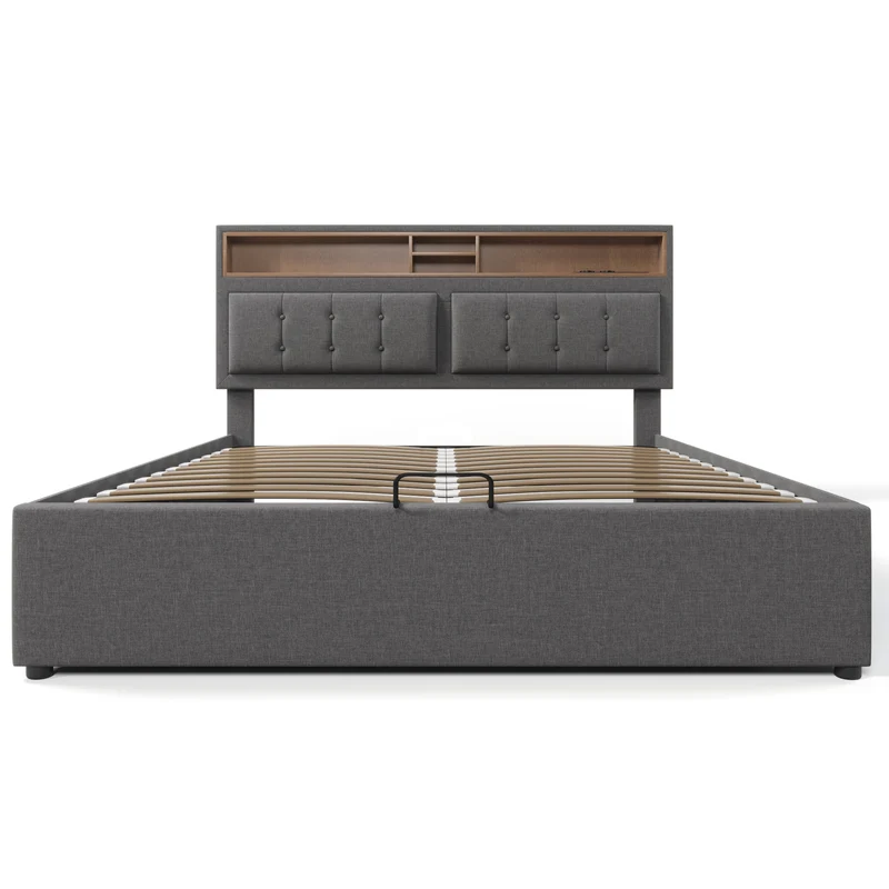 Lit coffre queen tissu gris avec port USB C et rangement 160*200cm (matelas non inclus) FAT