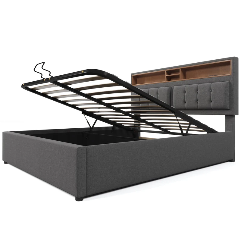 Lit coffre queen tissu gris avec port USB C et rangement 160*200cm (matelas non inclus) FAT