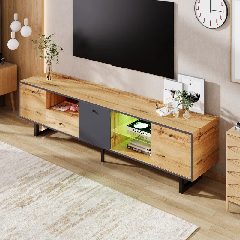 Meuble TV effet bois et gris avec LED cloison en verre INPHE