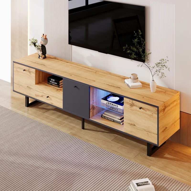 Meuble TV effet bois et gris avec LED cloison en verre INPHE