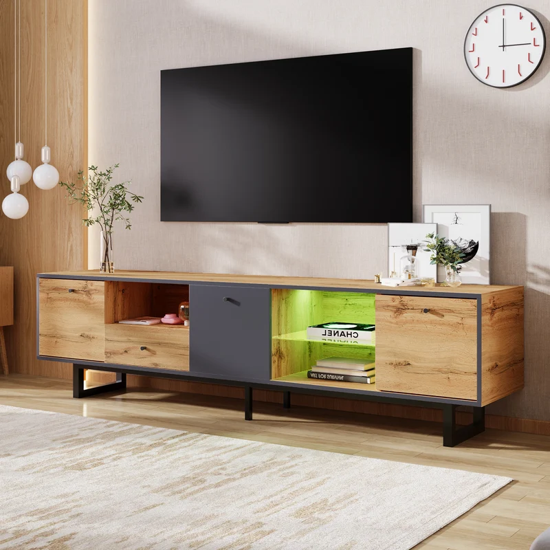 Meuble TV effet bois et gris avec LED cloison en verre INPHE