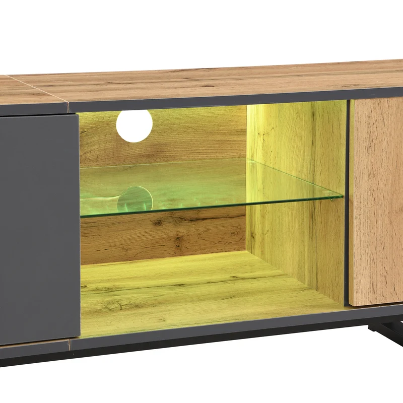 Meuble TV effet bois et gris avec LED cloison en verre INPHE