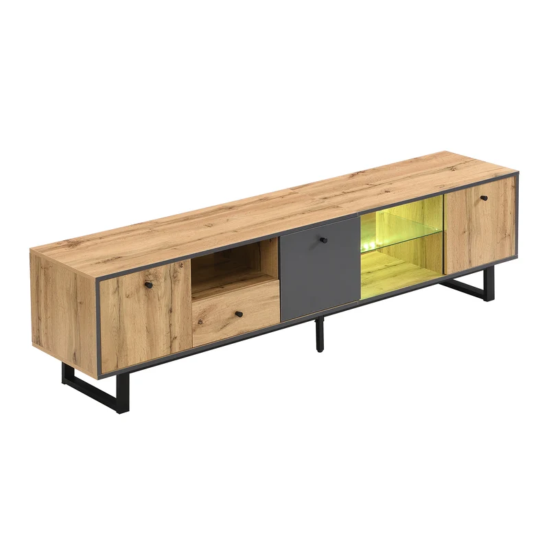 Meuble TV effet bois et gris avec LED cloison en verre INPHE