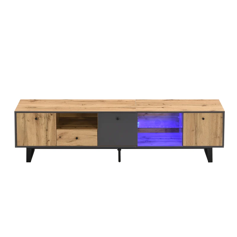 Meuble TV effet bois et gris avec LED cloison en verre INPHE