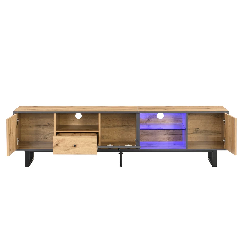 Meuble TV effet bois et gris avec LED cloison en verre INPHE