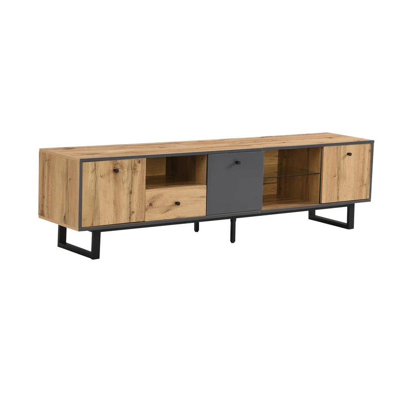 Meuble TV effet bois et gris avec LED cloison en verre INPHE