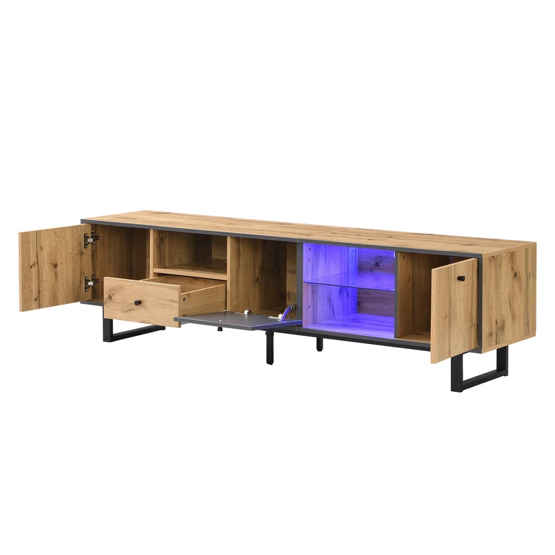 Meuble TV effet bois et gris avec LED cloison en verre INPHE