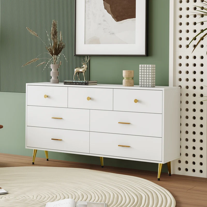 Buffet commode blanc 7 tiroirs poignées et pieds dorées STESQEKS