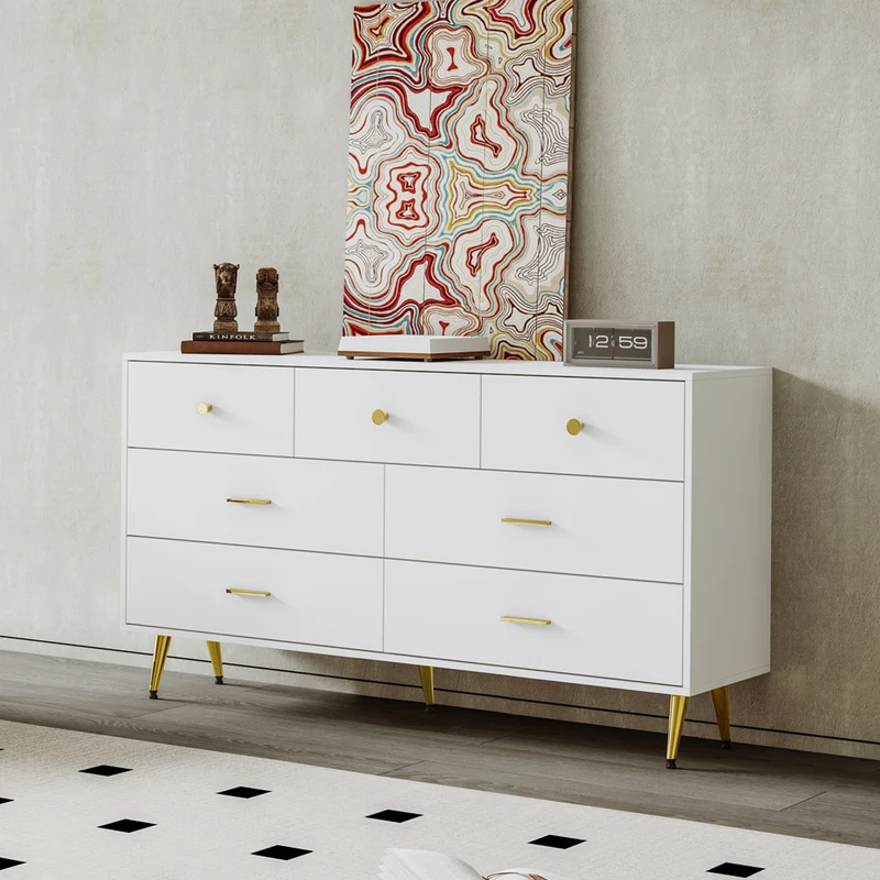 Buffet commode blanc 7 tiroirs poignées et pieds dorées STESQEKS