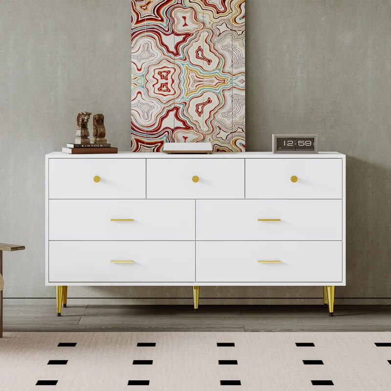 Buffet commode blanc 7 tiroirs poignées et pieds dorées STESQEKS