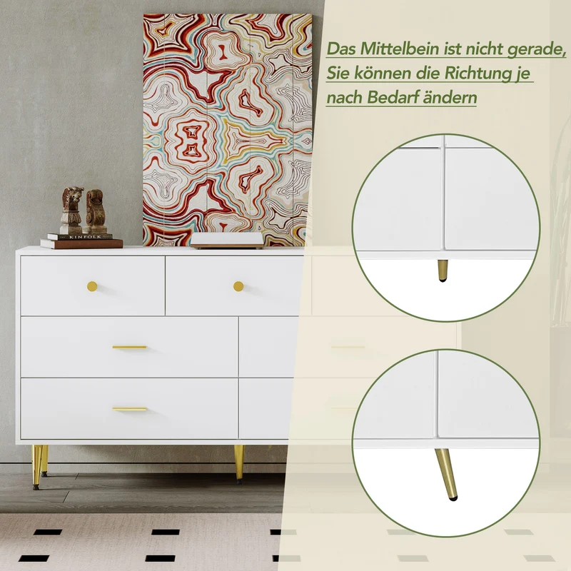 Buffet commode blanc 7 tiroirs poignées et pieds dorées STESQEKS