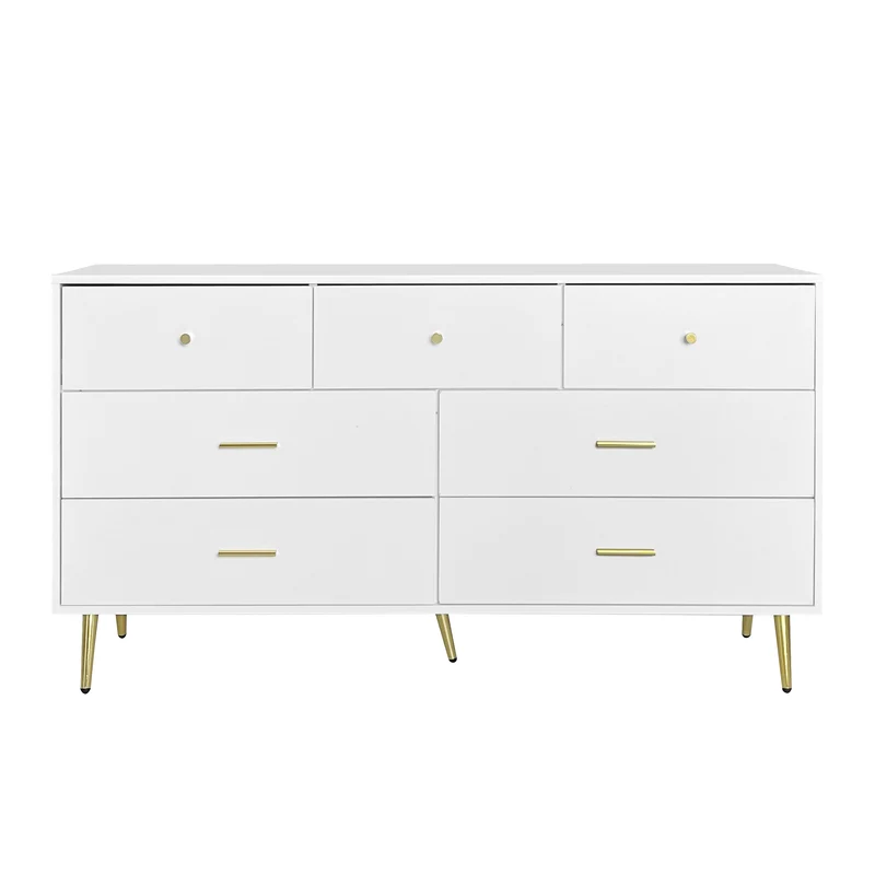 Buffet commode blanc 7 tiroirs poignées et pieds dorées STESQEKS