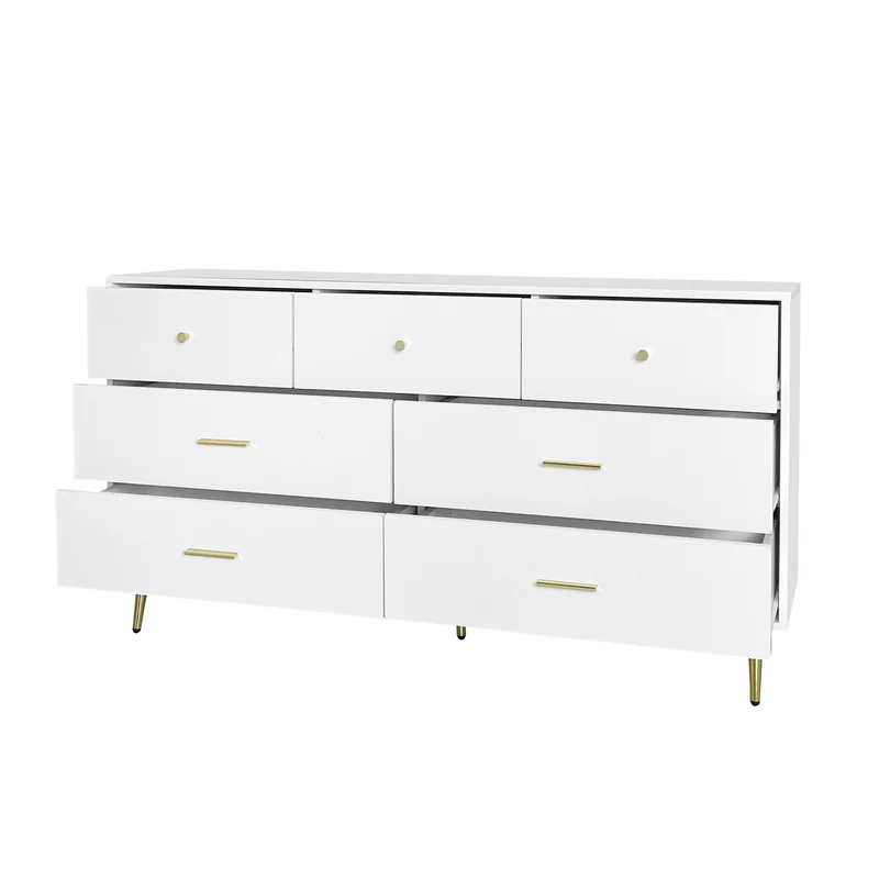 Buffet commode blanc 7 tiroirs poignées et pieds dorées STESQEKS