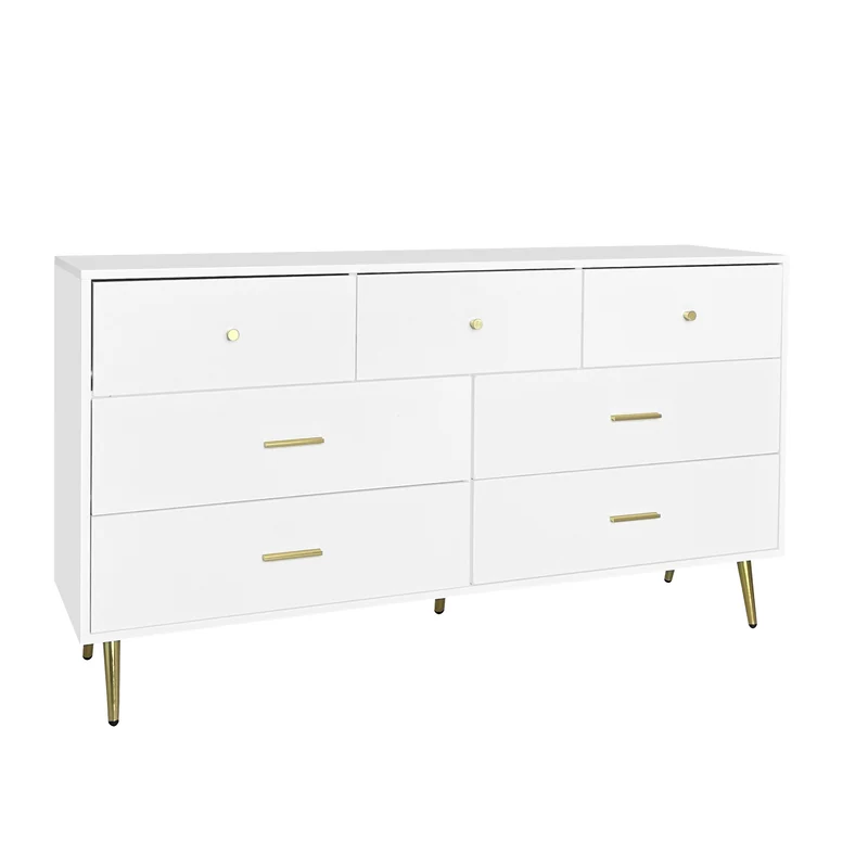 Buffet commode blanc 7 tiroirs poignées et pieds dorées STESQEKS