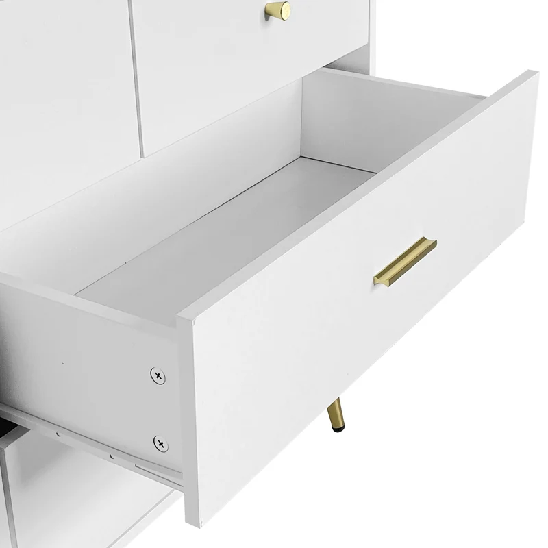 Buffet commode blanc 7 tiroirs poignées et pieds dorées STESQEKS