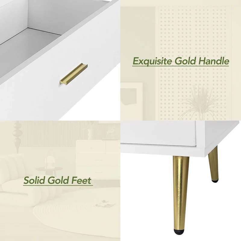 Buffet commode blanc 7 tiroirs poignées et pieds dorées STESQEKS