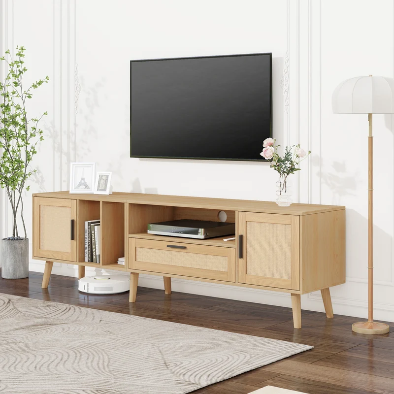 Meuble TV effet bois décoration en rotin 2 portes et un tiroir 180cm BRAVVANS