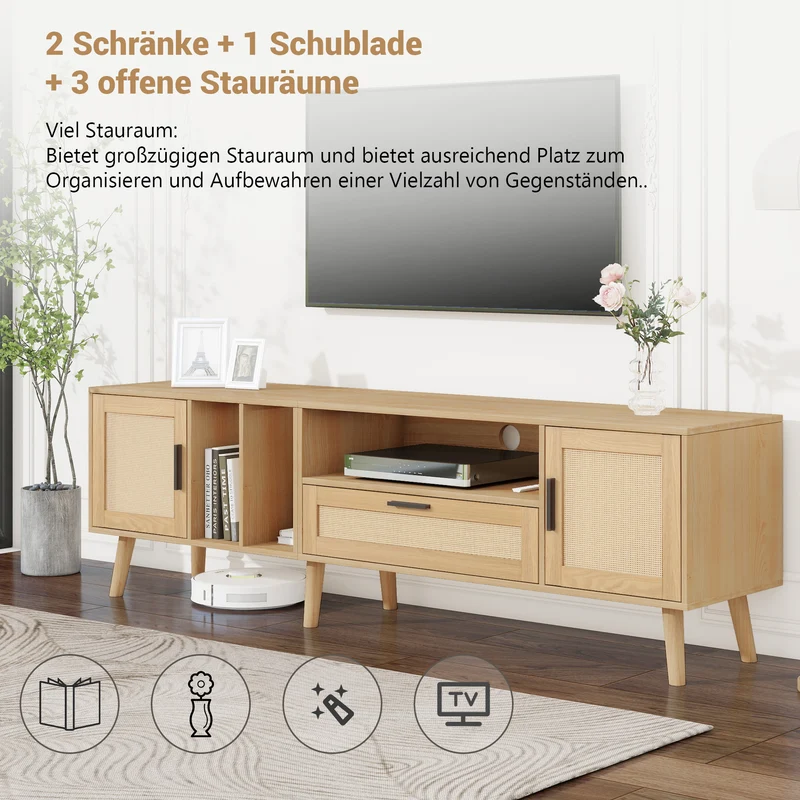 Meuble TV effet bois décoration en rotin 2 portes et un tiroir 180cm BRAVVANS