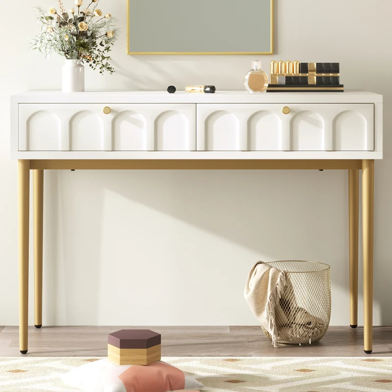 Console Coiffeuse élégante avec 2 tiroirs blanc crème structure et poignée dorée 100x45cm FULZEL