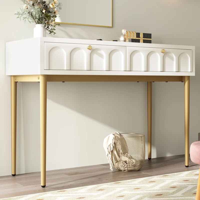 Console Coiffeuse élégante avec 2 tiroirs blanc crème structure et poignée dorée 100x45cm FULZEL