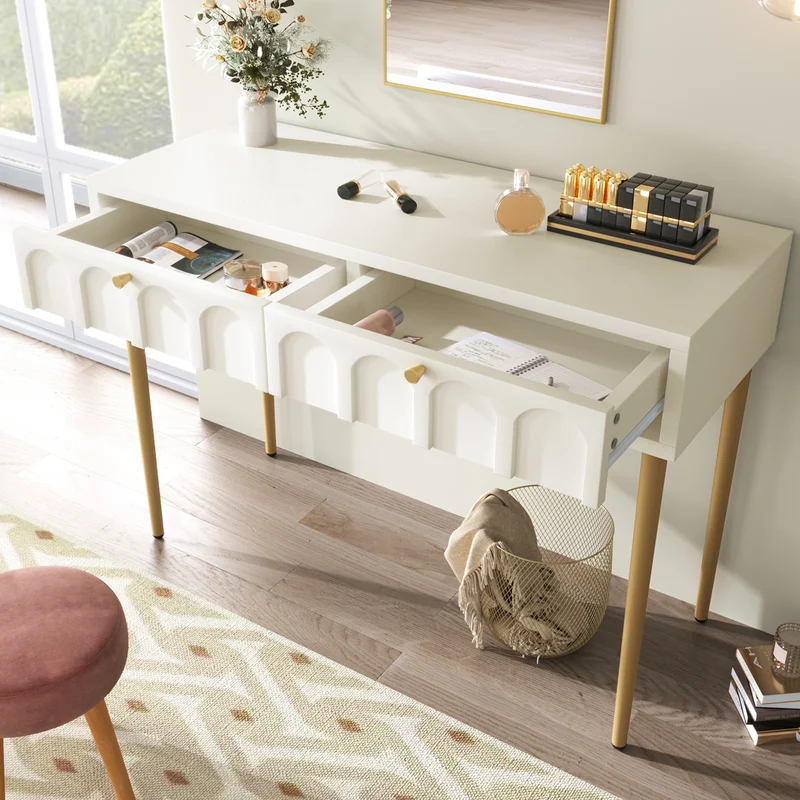 Console Coiffeuse élégante avec 2 tiroirs blanc crème structure et poignée dorée 100x45cm FULZEL