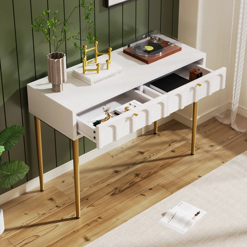 Console Coiffeuse élégante avec 2 tiroirs blanc crème structure et poignée dorée 100x45cm FULZEL